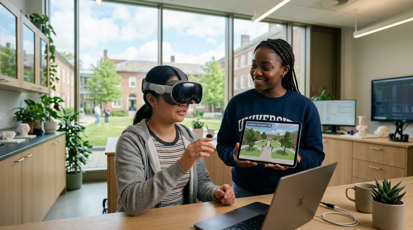 A student using a VR headset alongside a researcher