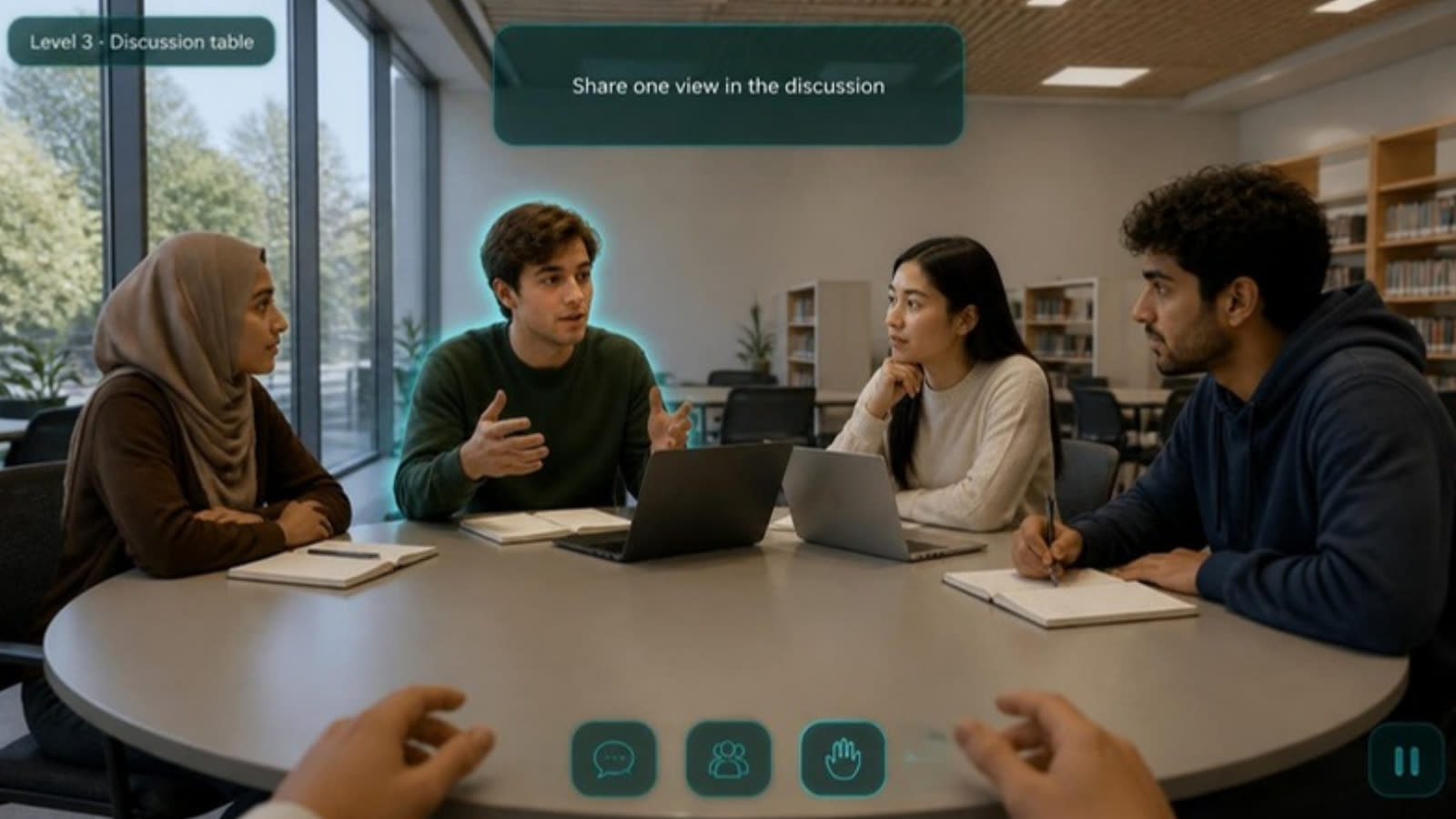 First-person VR view of a group discussion around a table