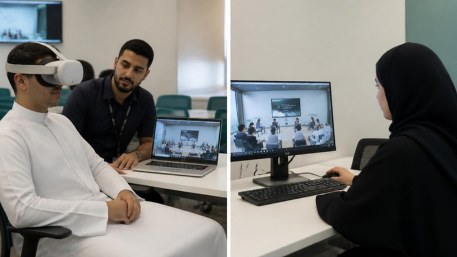 A student using a VR headset beside a facilitator, and a student using the same classroom on a standard screen